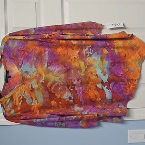 Calessa Burnout Tie Dye Crew Neck Tunic W/Asymmetric Hem: Orange Multi:Size- 1X